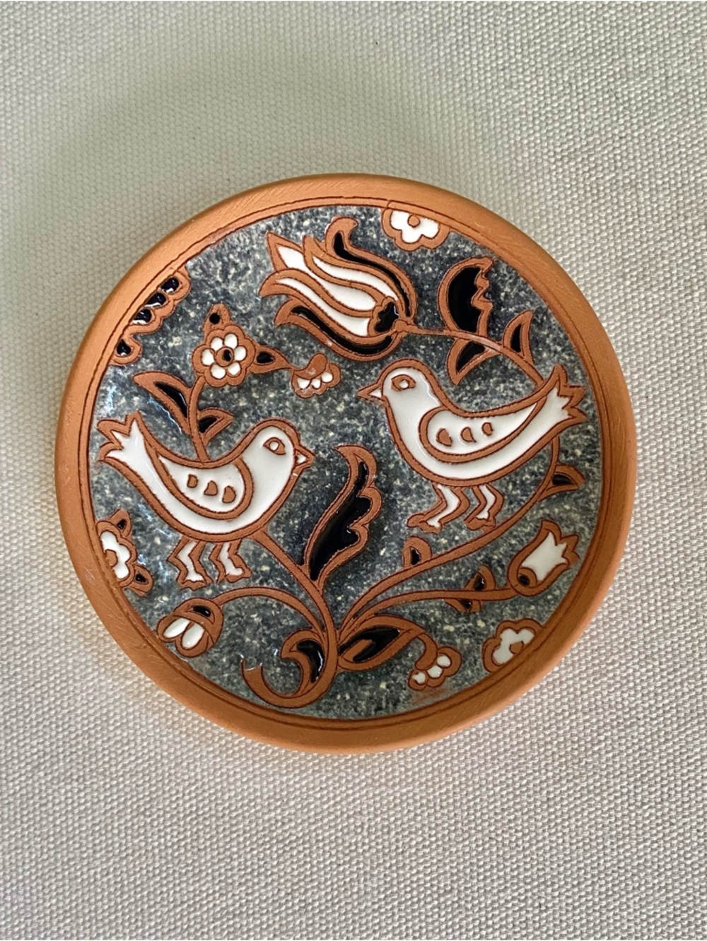 Bonis Pottery Terracotta Enamel Trinket Dish White Birds Handmade Rhodes Greece